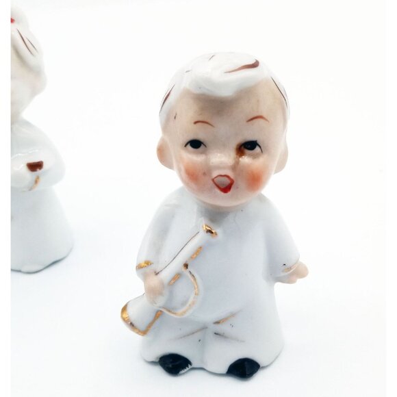 Ceramic Choir Boy Angel Baby Figures Pair Vintage w Instruments 2.75 Inch Japan - Picture 3 of 16